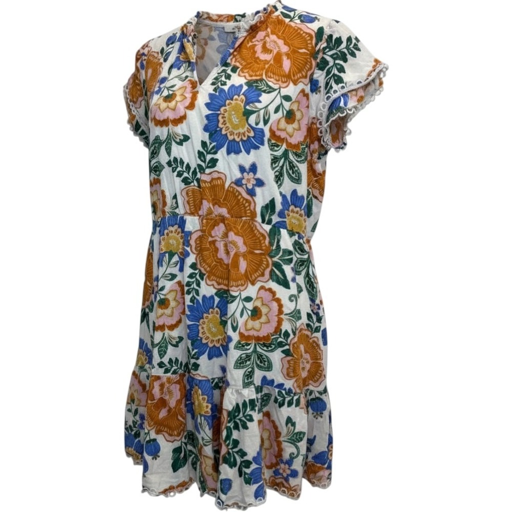 Ellen Tracy Floral Linen Blend Mini Dress XL V-Neck Flutter Sleeve Boho festival